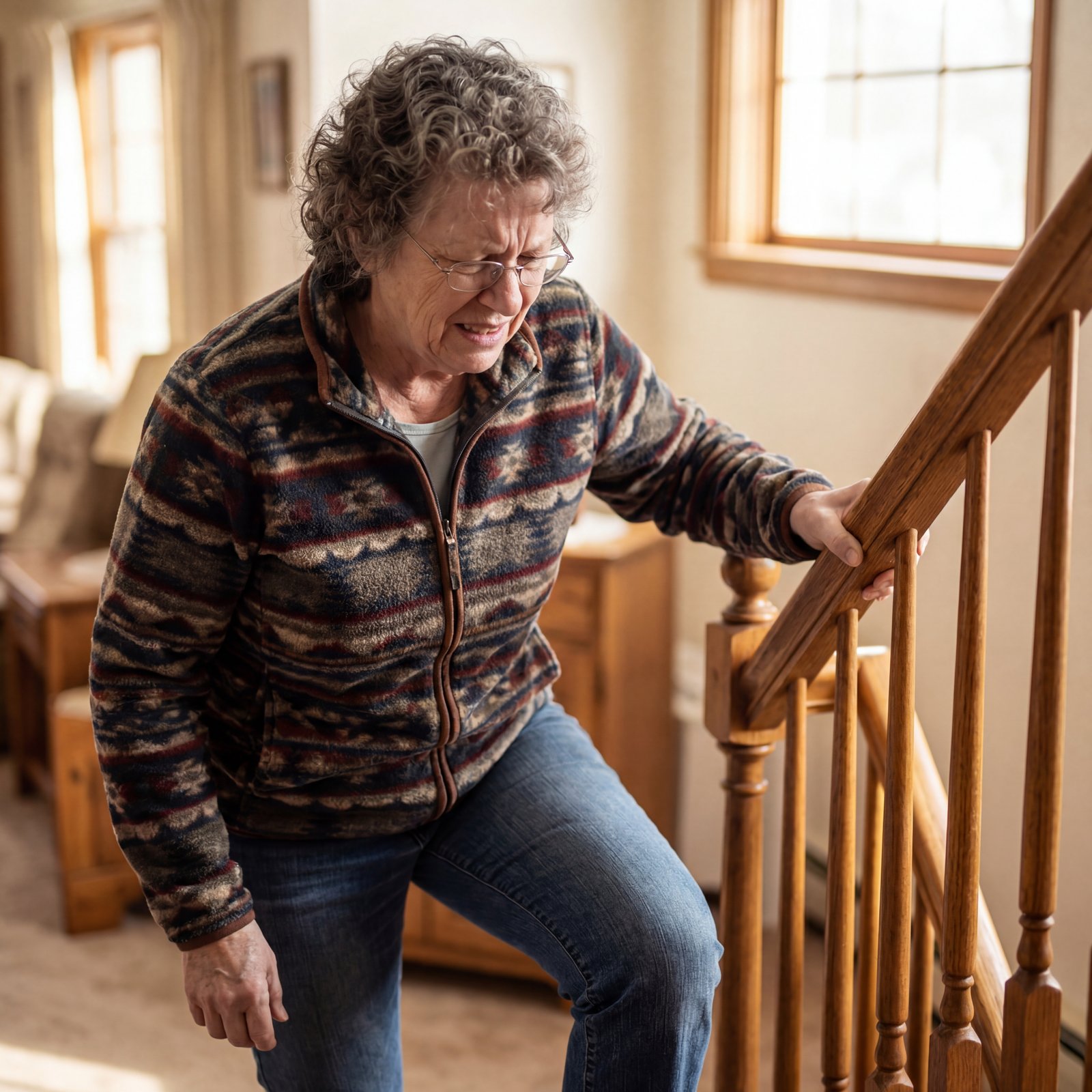 Woman gripping stair railing in knee pain
